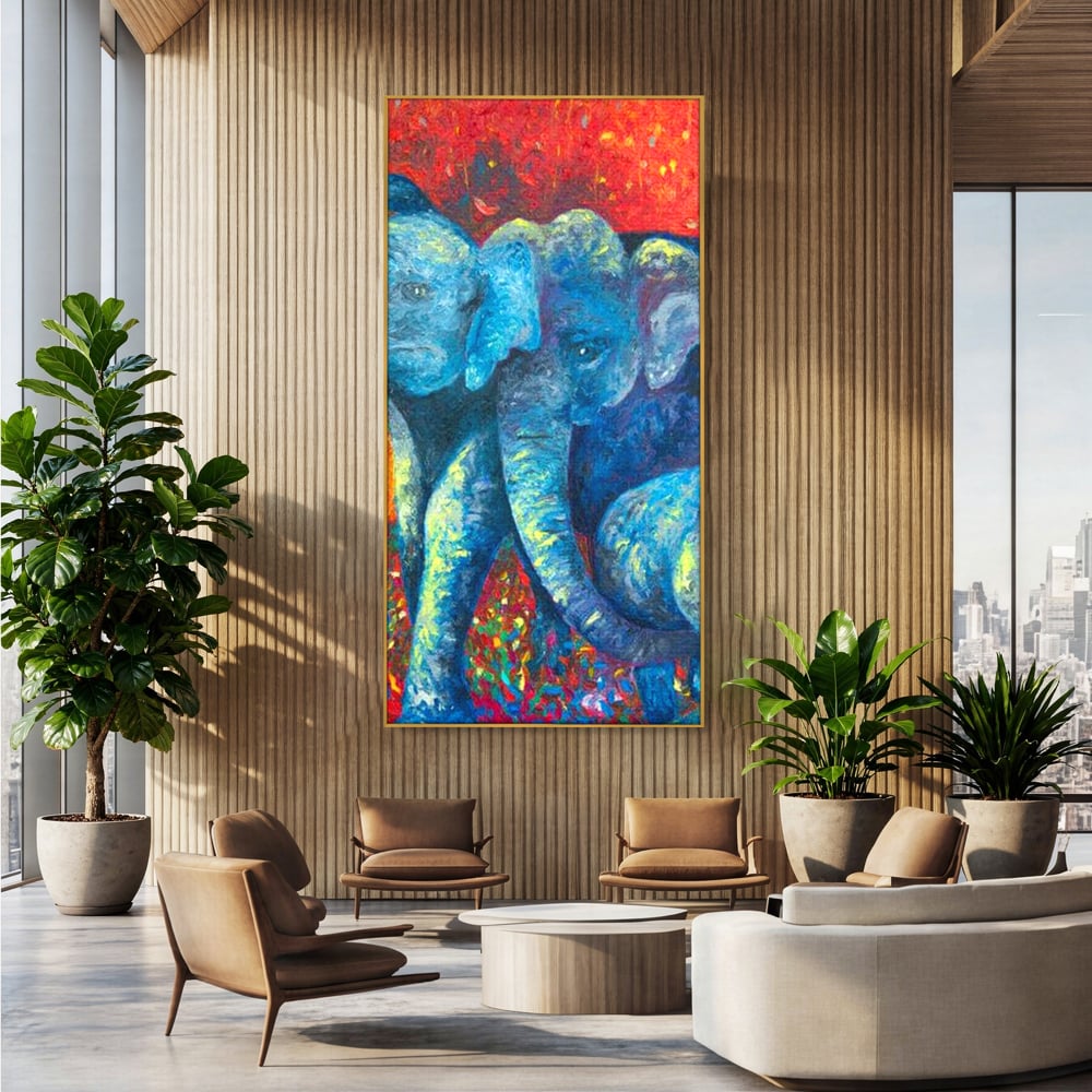 Tablou canvas cu tablou canvas cu elefanti expresionisti, in rama de aluminiu auriu, pe perete intr-un birou